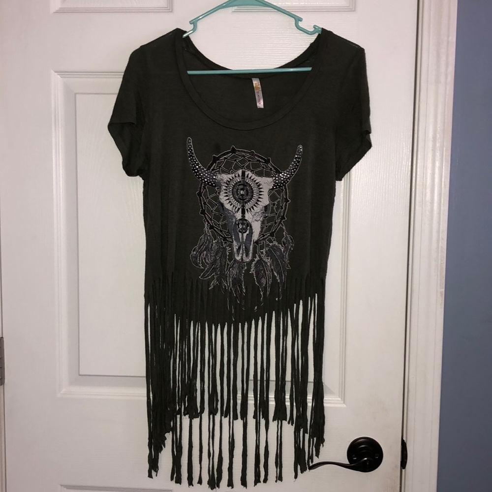 Olive green fringed graphic T-shit